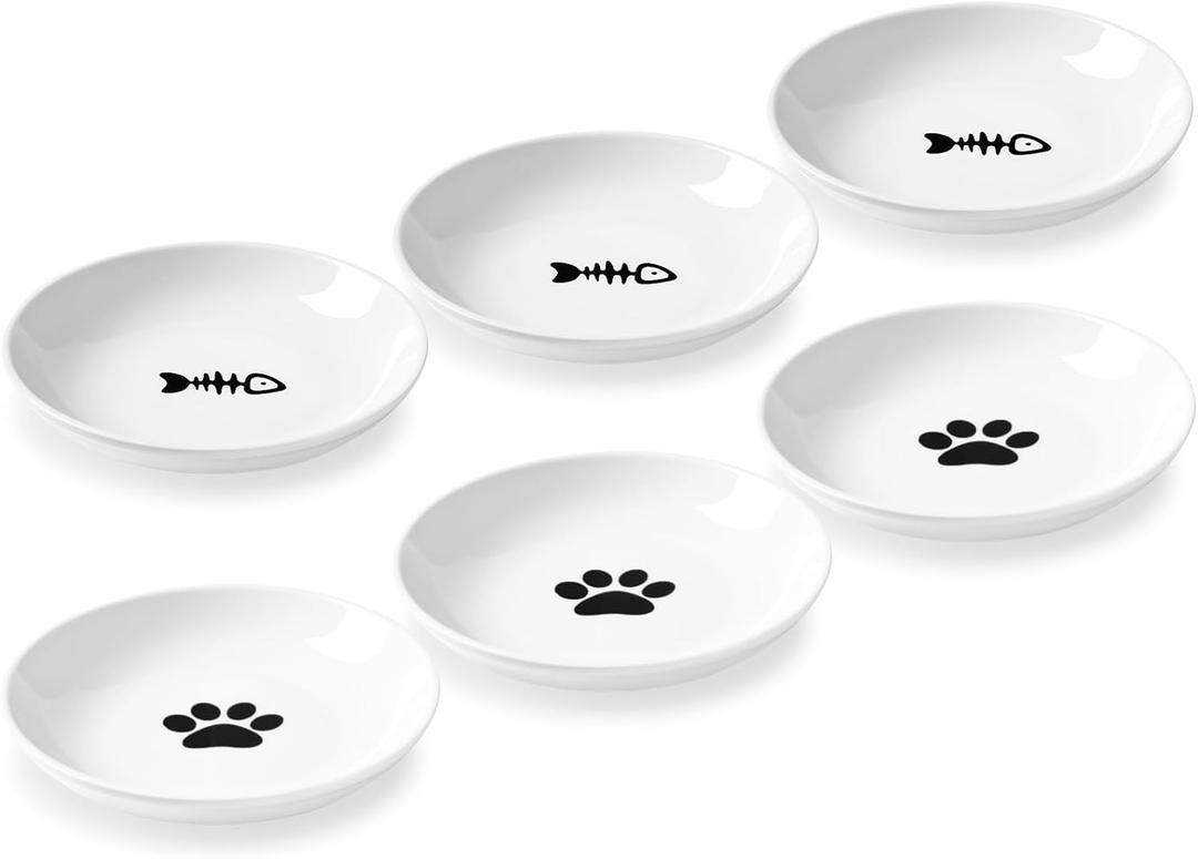 Ceramic Cat Bowls  Whisker Friendly, Anti-Vomiting Food Plates for Indoor Cats, Safe & Hygienic Cat Dishes, Stylish Ceramic Cat Food Bowls Set(6 Pack) (fishbone+cat paw)