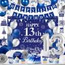 13th Birthday Decorations for Boys Girls Blue Teenager Party Decorations with Happy 13th Birthday Banner Number Balloons, Hanging Swirls, Pom Poms, Backdrop Teen Supplies for 13 Years Old