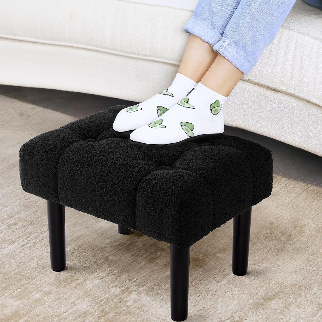 HOUCHICS Fur Padded Foot Stool, Small Ottoman Foot Rest with Wooden Legs,Modern Rectangle Chair Foot Rest Foot Step Stool for Living Room, Couch, Desk(Black), 1 PACK