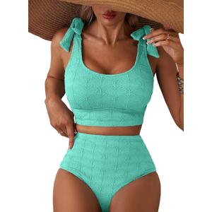 Herseas Women 2 Piece High Waisted Bikini Sets Seashell Textured Tie Strap Swimsuits Bathing Suit Beach Summer Outfits (Small, Turquoise)