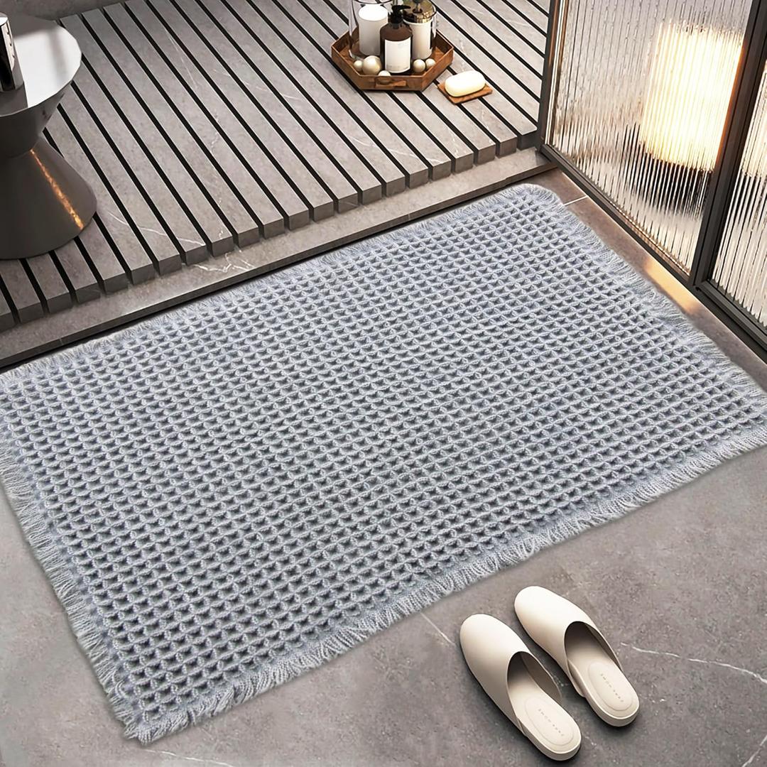 2 x Boho Bath Mat, Super Absorbent Non Slip Waffle Bathroom Rug, Washable, Ultra Soft Rubber Backed, 18x30in, Light Grey