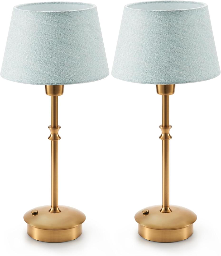 UMEXUS Small Cordless Lamp Rechargeable Table Lamps Set of 2, Dimmable Battery Operated Lights, Portable Accent Light for Side Table Restaurant Dining Outdoor, Blue Fabric Shade, Antique Brass