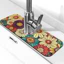 Kitchen Faucet Mat 15 x 5.5 Inch Abstract retro flower Faucet Draining Mat Farmhouse Absorbent Drying Mat Sink Splash Guard Behind Faucet Drip Catcher for Kitchen Bathroom