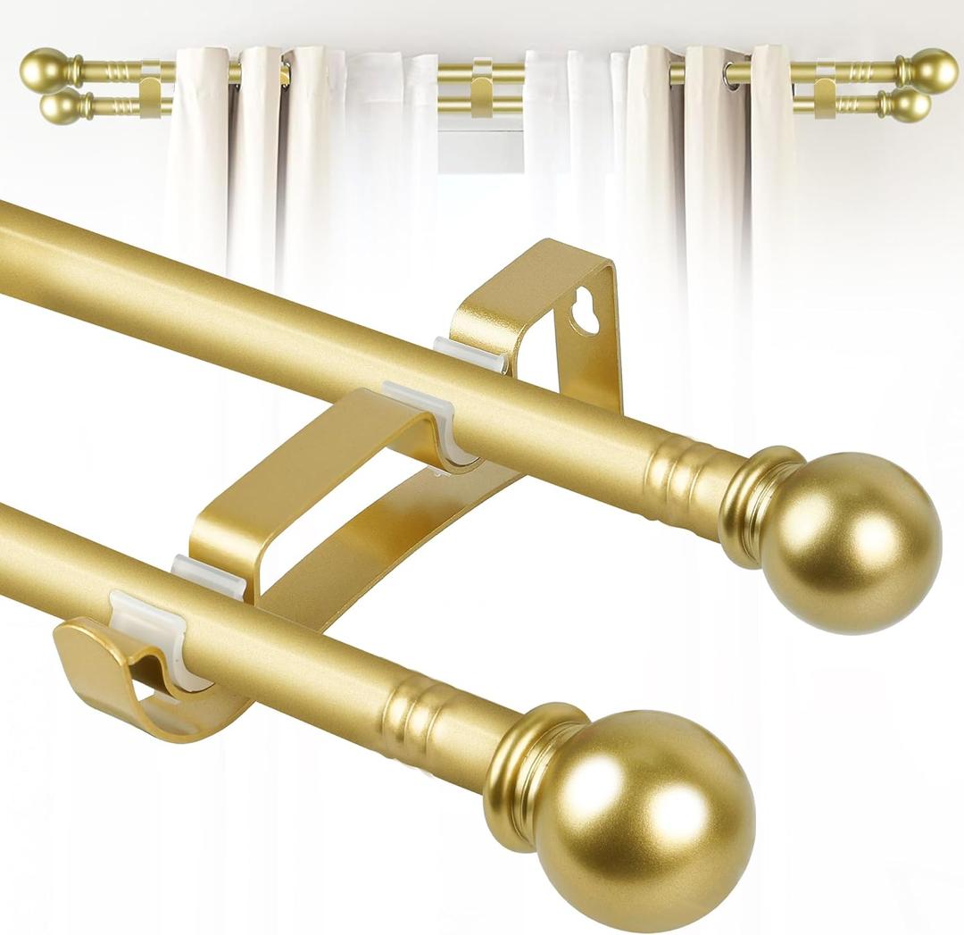 Double Curtain Rods for Windows Set 45 to 90 Inch,Gold Curtain Rod with 3PCS Drapey Pole Brackets,5/8" Diameter Blackout Small Curtain Rod,Extra Long Cortineros Para Ventanas for Bedroom,Living Room