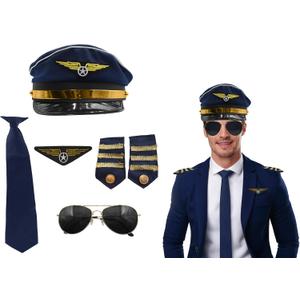 Nicky Bigs Novelties Pilot Costume Men Accessories - Men's Airline Captain Accessories with Aviator Sunglasses, Epaulettes, Captain's Hat, Badge - For Halloween, Themed Parties, Blue Gold, One Size