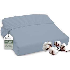 ROYALE LINENS 300 Thread Count 100% Long Staple Combed Cotton Fitted Sheet Queen - Super Soft Deep Pocket Bottom Sheet - Fitted Sheets Only - Elastic Sheets (Queen, Lake Blue)