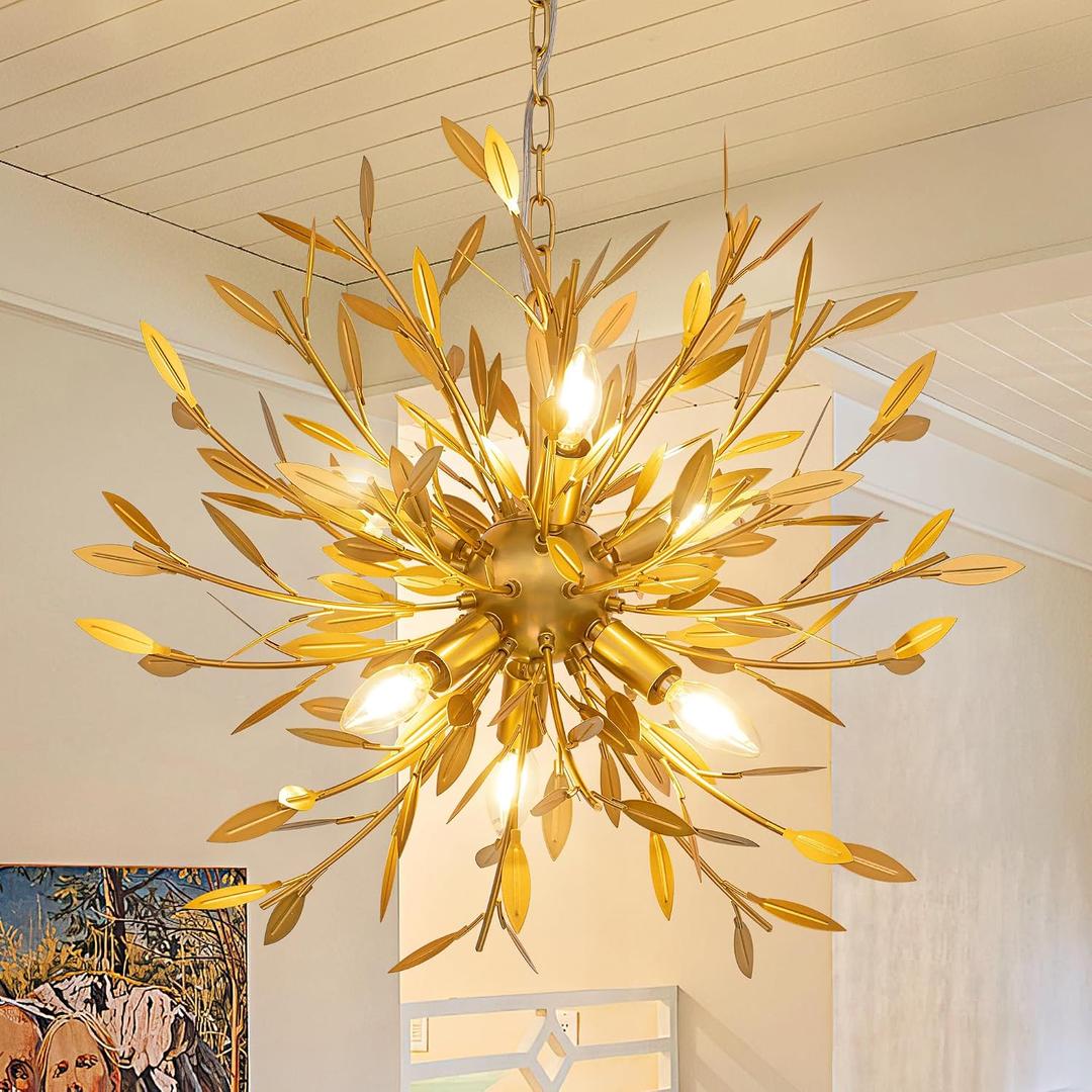 Wellmet Gold 6-Light Sputnik Chandelier, Modern Globe Leaf Pendant Light Fixture, Adjustable Hanging Ceiling Light for Living Room, Dining Room, Bedroom, Entryway, Foyer, Stairway, Hallway
