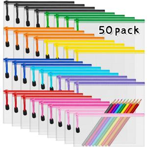 50 Pack Clear Pencil Pouch Mesh Pencil Pouch with Zipper, IKAYAS Pencil Pouch Bulk mesh Bags with Zipper Document Bag File Folders in 10 Colors for Organizing, School and Office Supplies