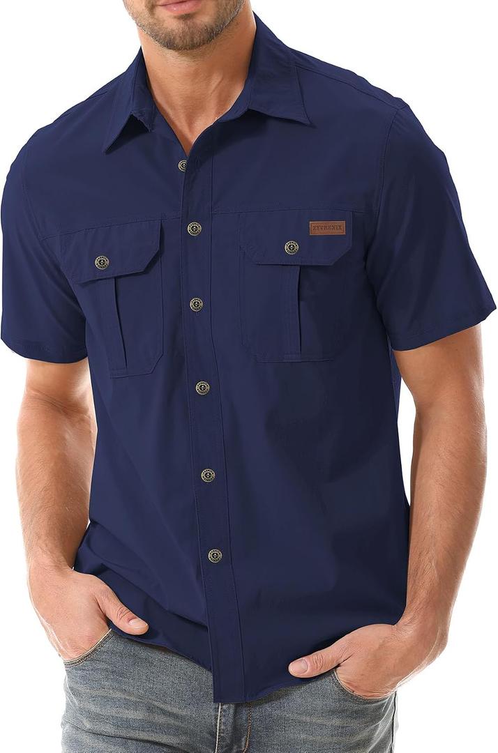 Men's Casual Button Down Shirts Outdoor Short Sleeve Summer Beach Elastic Shirt with Pocket (Blue, M)