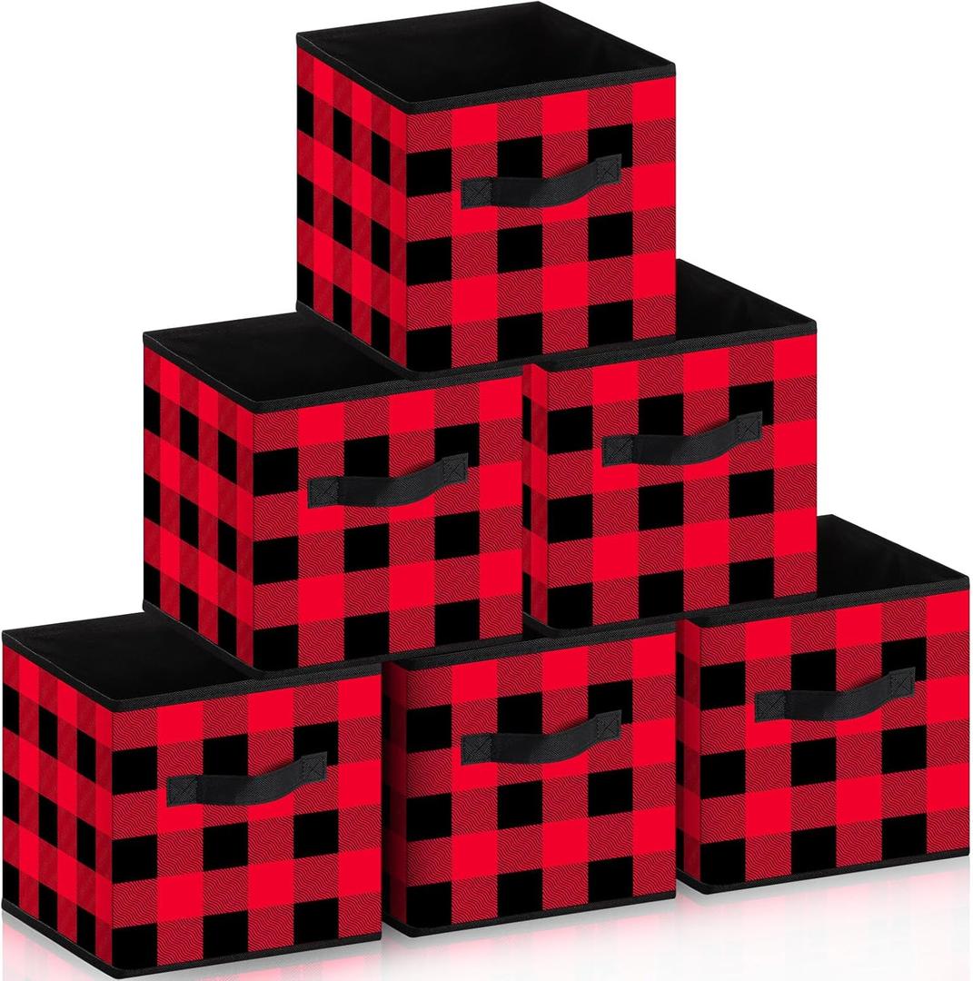 Suzile 6 Pcs Buffalo Plaid Storage Bins Christmas 10'' Buffalo Plaid Foldable Fabric Storage Cube with Handles Christmas Basket Box Organizers for Toys Shelf Closet Home Gift(Red and Black)