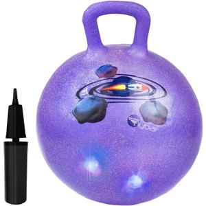 Flybar Hopper Ball for Kids, Inflatable Bouncy Ride-On Ball w/Handle for Indoor & Outdoor Active Play, Includes Pump, Jump Ball Toy for Boys & Girls, Supports Up to 165 lbs, Ages 3+, 18-Inch, Small (Rocket Led Purple)