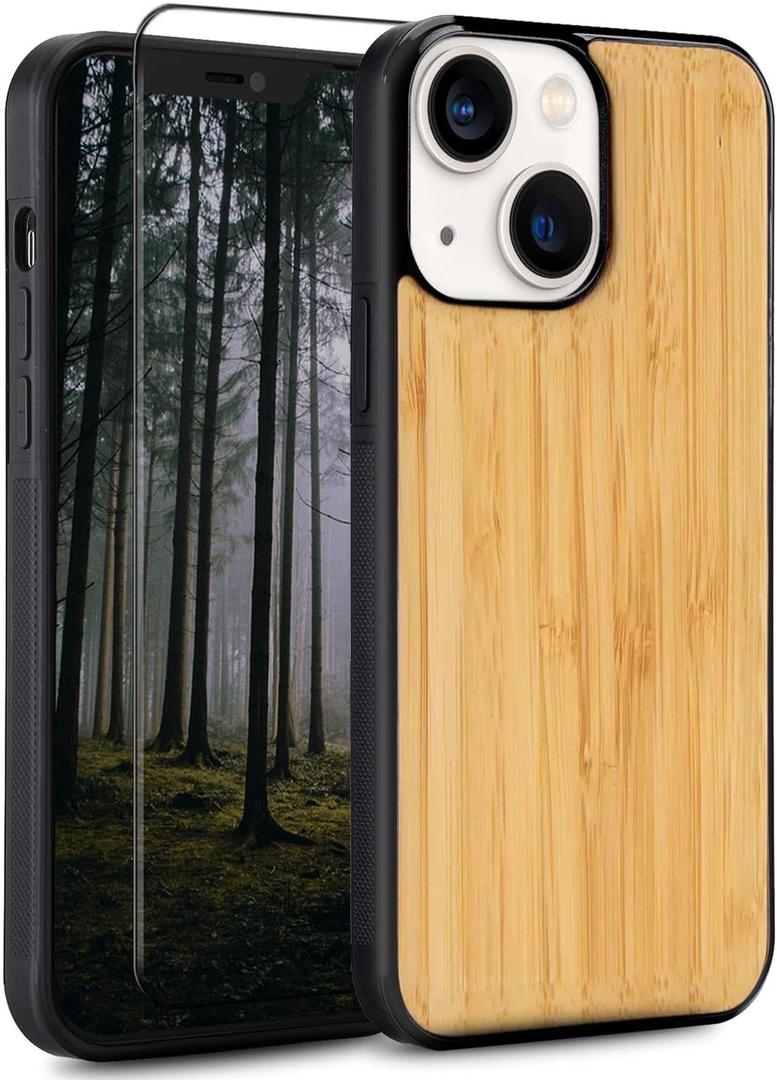 Wood Case for iPhone 13 - Real Natural Wood,- Slim Shockproof Hybrid Wooden Cover (Bamboo, iPhone 13)