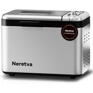 Neretva Bread Maker, 3.3LB Larger Bread Machine 15-in-1 Stainless Steel & Nonstick Ceramic Pan & Auto Nut Dispenser Breadmaker Machines Full Touch Panel with Gluten Free White Wheat Rye French Pizza