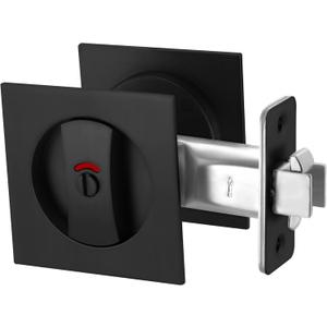 Pocket Door Lock, Matte Black Pocket Door Hardware Square Door Lock with Red-Green Indicators for Privacy Sliding Door Bifold Door Locks and Pulls Handles (Privacy (Indicator) -Square)