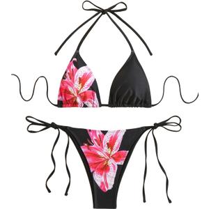 SEGT Women's 2 Piece Floral Print Halter Neck Tie Bikini Set Triangle String Thong Swimsuit Summer Bathing Suits for Women (Medium, Black)