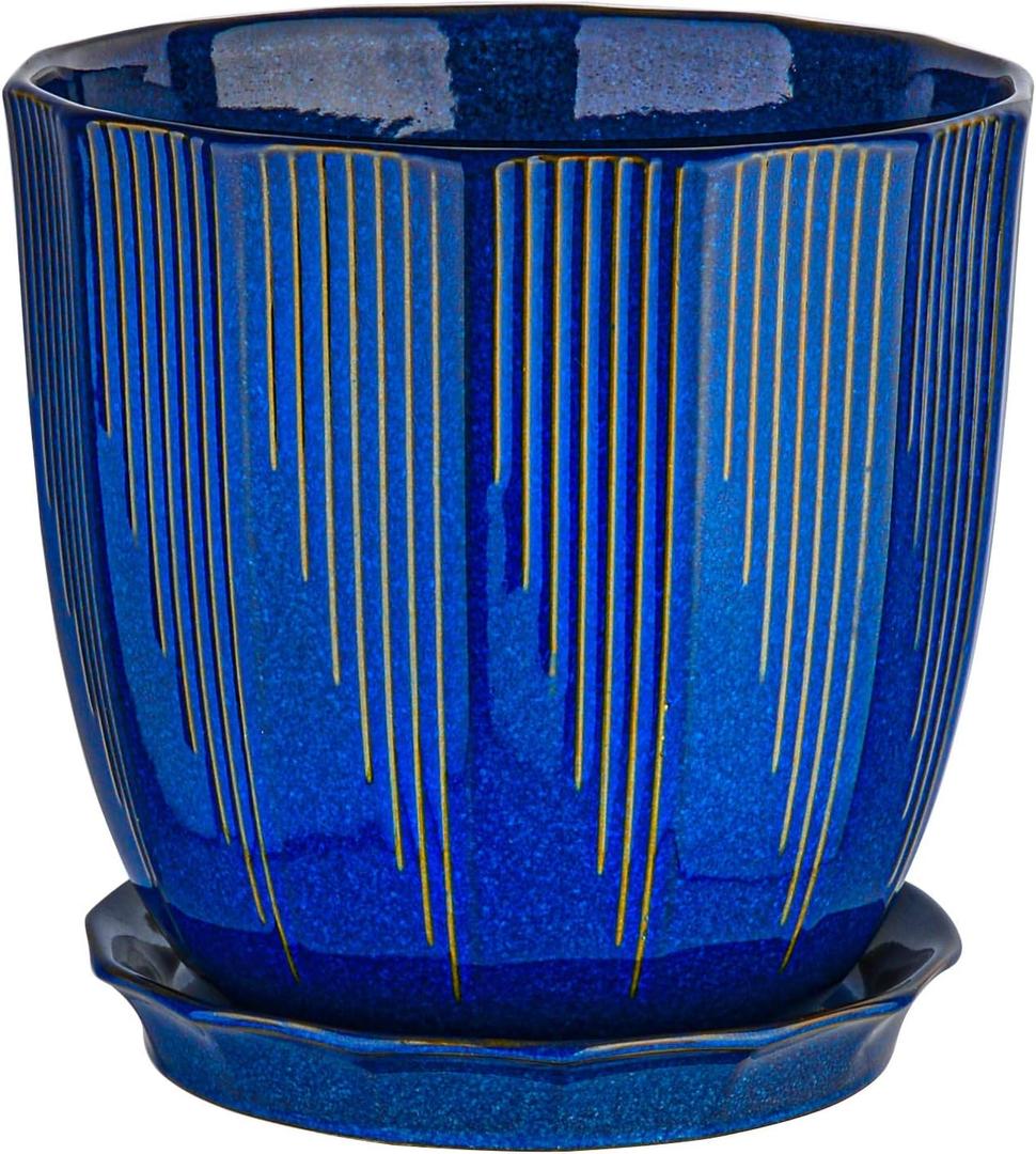 ADN 10 Inch Ceramic Planter Pot with Drainage Hole and Saucer,Large Round Plant pots for Indoor Outdoor Plants,Modern Flower pots, Navy