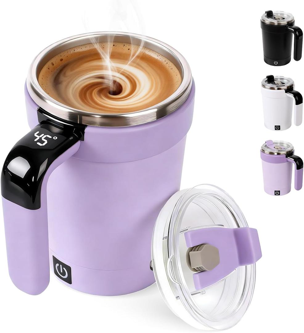 Self Stirring Coffee Mug, 2026 New Automatic Magnetic Stirring Coffee Mug with Temperature Display,Detachable Base Self-Stirring Mug, Smart Mixing Cup for Coffee, Chocolate, Milk, Tea(Black) (Purple)