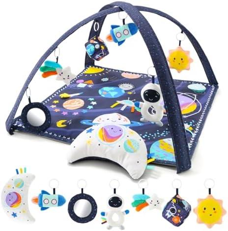 The Peanutshell Unisex Baby Play Gym & 7-in-1 Play Mat - Playmat Baby Toys 0-6, 6-12 Months Tummy Time Mat with Hanging Toys, Soft Padded Mat for Newborns, Infants - Space