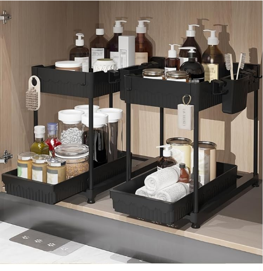 Sevenblue Bathroom Organizers and Storage, Under Sink Organizers and Storage Black, 2 Pack Bathroom Storage Organizer Black