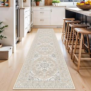 Washable Kitchen Runner Rug 2x10: Non-Slip Hallway Entryway Rugs with Rubber Backing Stain Resistant Soft Thin Low Pile Carpet for Bedroom Indoor Vintage Home Decor Mat for Bathroom (Beige/Cream,2x10)