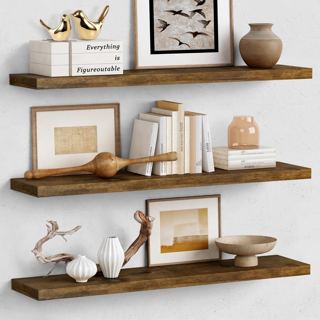 Forbena 36 Inch Floating Shelves for Wall Long Set of 3, Large Deep Wall Shelves for Bedroom Living Room Decor, Rustic Wood Floating Shelf for Kitchen Closet Office TV Plants Books (Dark Brown)
