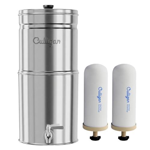 Culligan MaxClear 3 Gallon Gravity Water Filter System, Polished Stainless-Steel Countertop Water Filter NSF/ANSI Certified to Reduce Microplastics, Lead & Total PFAS, with 2 Ceramic Filters