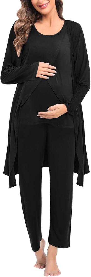 SWOMOG Maternity Nursing Robe Set 3 PCS Postpartum Breastfeeding Pajamas Hospital Pregnancy Pjs Double Layer Lounge Set (Large, Black)