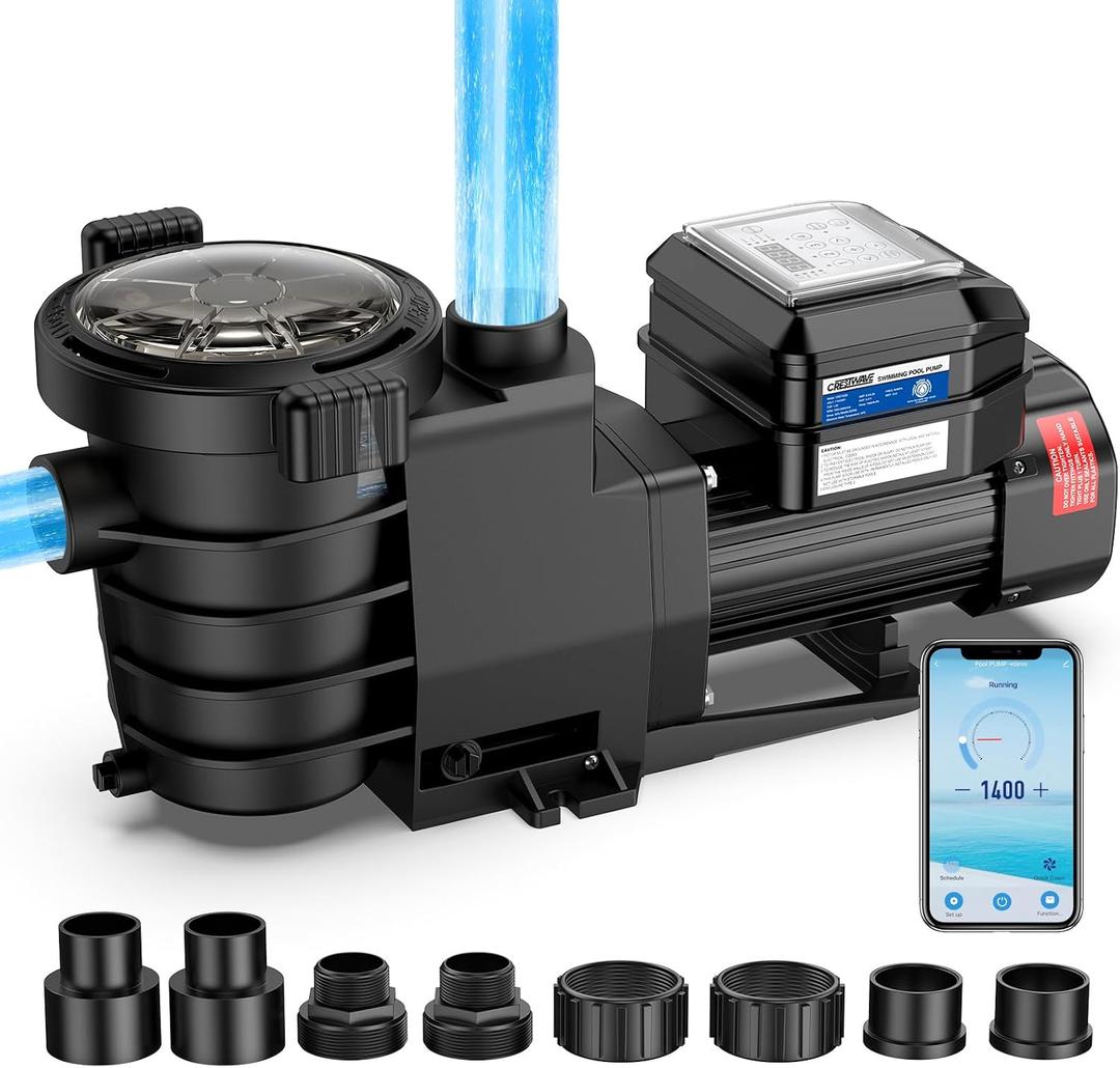 CrestWave Smart Variable Speed Pool Pump 1.5HP, Smart Life APP Control, 38 dB-Quiet, Energy Saving, AC 110V/230V, Built-in Timer, 5070 GPH High Flow, 1.5" & 2" Adapter Pool Pump for In/above Pool