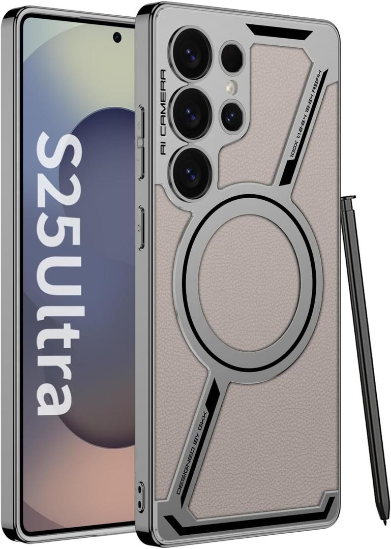 Magnetic for Samsung Galaxy S25 Ultra Leather Case,[Compatible with Wireless Charging] Business Luxury PU Leather Shockproof Protective Slim Phone Cover for Samsung Galaxy S25 Ultra(Beige)