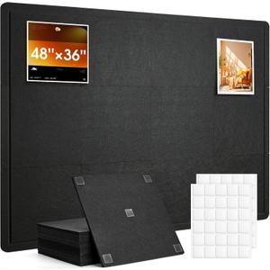 Bulletin Board, 48 x 36 inches Cork Board Alternative, 12 Pack 12"X12"X0.4" Felt Pin Boards for Walls Home Office Decor, Classroom with 60 Adhesive Tabs Black
