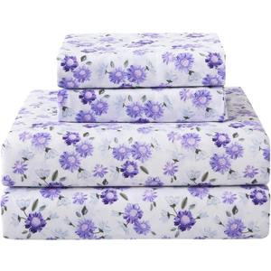 Softan Puple Floral Full Sheet Set, 4-Piece Microfiber Printed Fitted Sheet with 15" Deep Pockets & Non-Slip Straps, White Flower Patterned Double Bedding Sheets & Pillowcase Set