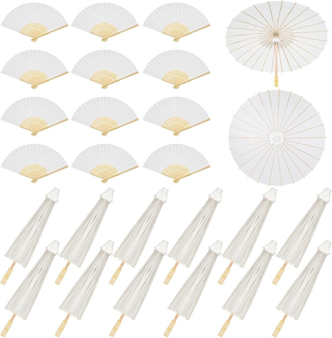 Paterr 24 Pcs 33'' Paper Umbrellas 8'' Paper Fans Decorative Chinese Japanese Parasol DIY Painting Crafts for Wedding Bridal Party Favor Photography Prop, White
