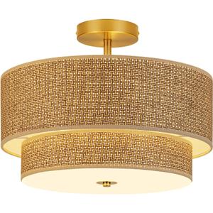 16 Inch Woven Rattan Linen Semi Flush Mount Ceiling Light Fixture, Modern Boho Drum Lamp for Bedroom, Kitchen, Dining Room, Living Room, Hallway, Entryway, Farmhouse Gold Wicker Chandelier