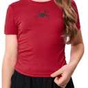 Girl's 2 Packs Graphic Tees Short Sleeve Crew Neck Crop Tops Slim Fit Summer Cute Tees (Red Black)