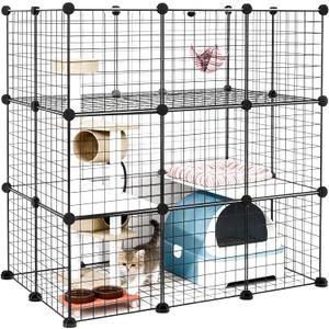 DIY Modular Cat Enclosure 3x3x2 Grid | Extra Large Indoor Cat Playpen | Foldable Black Wire Metal Cat Cage with Multi-Level Shelves | Approx. (43.7" x 29.5" x 43.3")