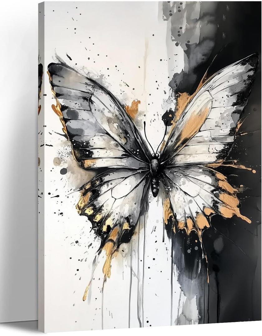 Butterfly Canvas Wall Art Black and White Watercolor Picture Abstract Gold Butterfly Painting Prints Animal Art for Living Room Modern Home Office Wall Decor Framed(Art-6,16.00x24.00 inch)