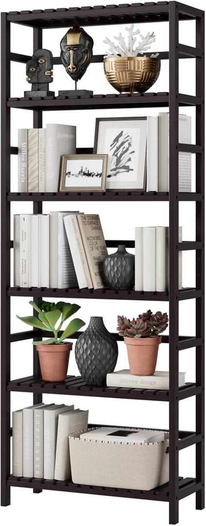 Bamjoy Bamboo Shelf, 6 Tier Bookcase Storage Shelves, Tall Book Rack Shelving Unit, Multipurpose Storage Display Shelf Adjustable Storage Rack for Bathroom Home Office Living Room Kitchen, Dark Brown