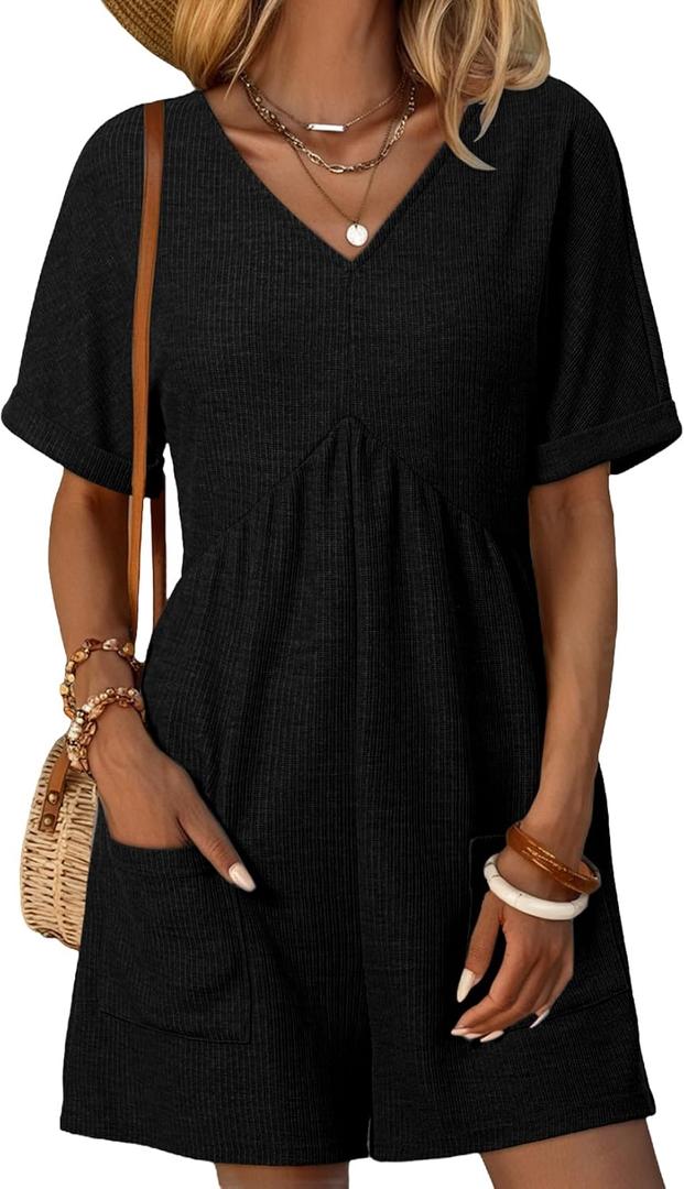 AlvaQ Womens Summer Short Sleeve V Neck High Waist Zipper Romper with Pockets (Medium, Black)