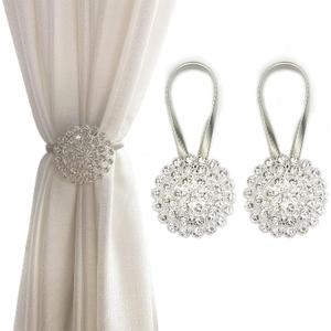 Magnetic Tiebacks for Curtains, 2 Pack Sparkling Crystal Flower Curtain Tiebacks Curtain Buckle Clips with High-Elastic Spring Wire for Home Office Decoration (White)