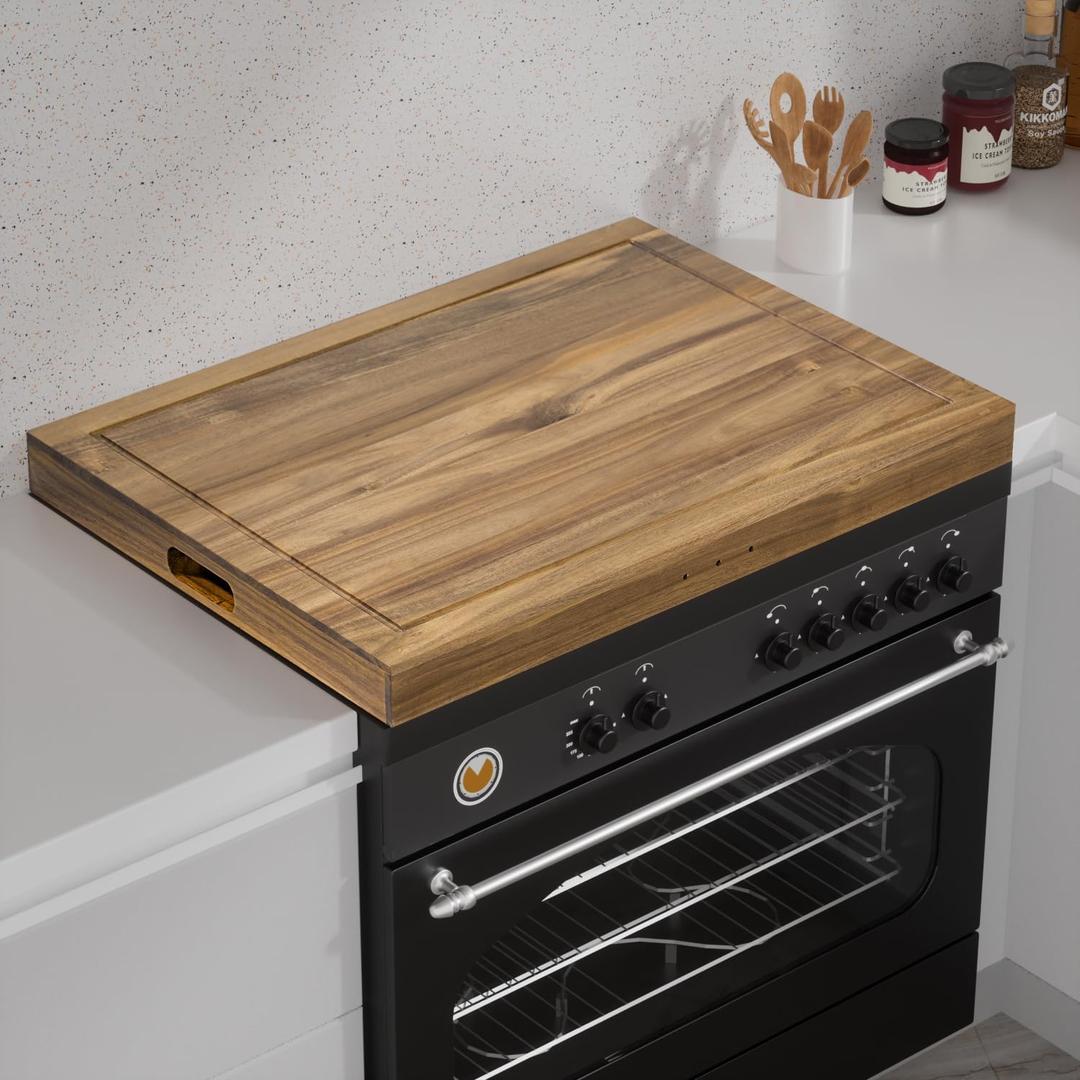 Acacia Wood Stove Cover for Gas & Electric Burners, 28.82x20.83x2.12'' (Inner) Noodle Board with Handles, Cutting Board with Juice Groove, Serving Tray (Natural Acacia)
