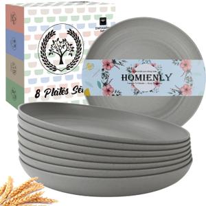 Homienly Deep Dinner Set of 8 Wheat Straw Plates - Alternative to Plastic, Microwave & Dishwasher Safe, Unbreakable & Lightweight Round Plates (Grey,9 inch) (Gray)