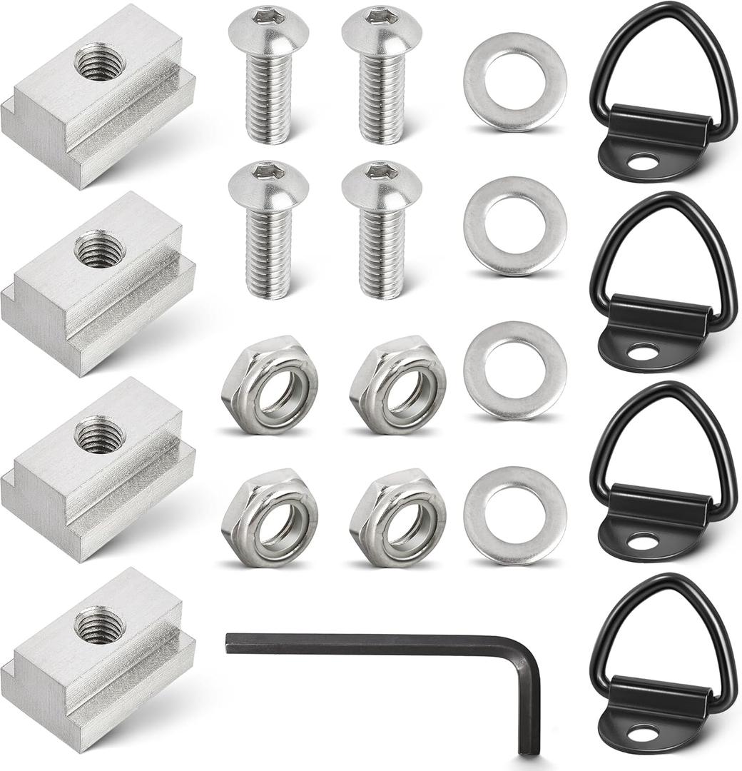 RED WOLF 3/8"-16 Thread T-Slot Nut Tie Down V-Ring Anchor w/1 Inch Button Head Socket Cap Screw Bolt Nut Washer for Toyota Tacoma Tundra Pickup Cargo Bolt Bed Deck Rail Cleat Included Wrench (4 Pack)