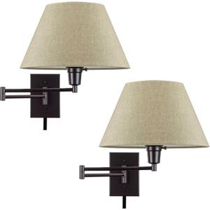 Kira Home Cambridge 15" Swing Arm Wall Lamp - Plug in/Wall Mount + Latte Mocha Fabric Shade, 150W 3-Way + Cord Covers, Black Finish, 2-Pack