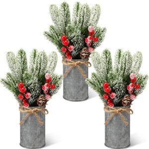 Tioncy 3 Sets Christmas Centerpiece Table Decorations Xmas Floral Arrangement Farmhouse Galvanized Pots with Pine Cone Red Holly Berry Picks Sprays for Dining Table Kitchen Indoor Home(Tin Color)