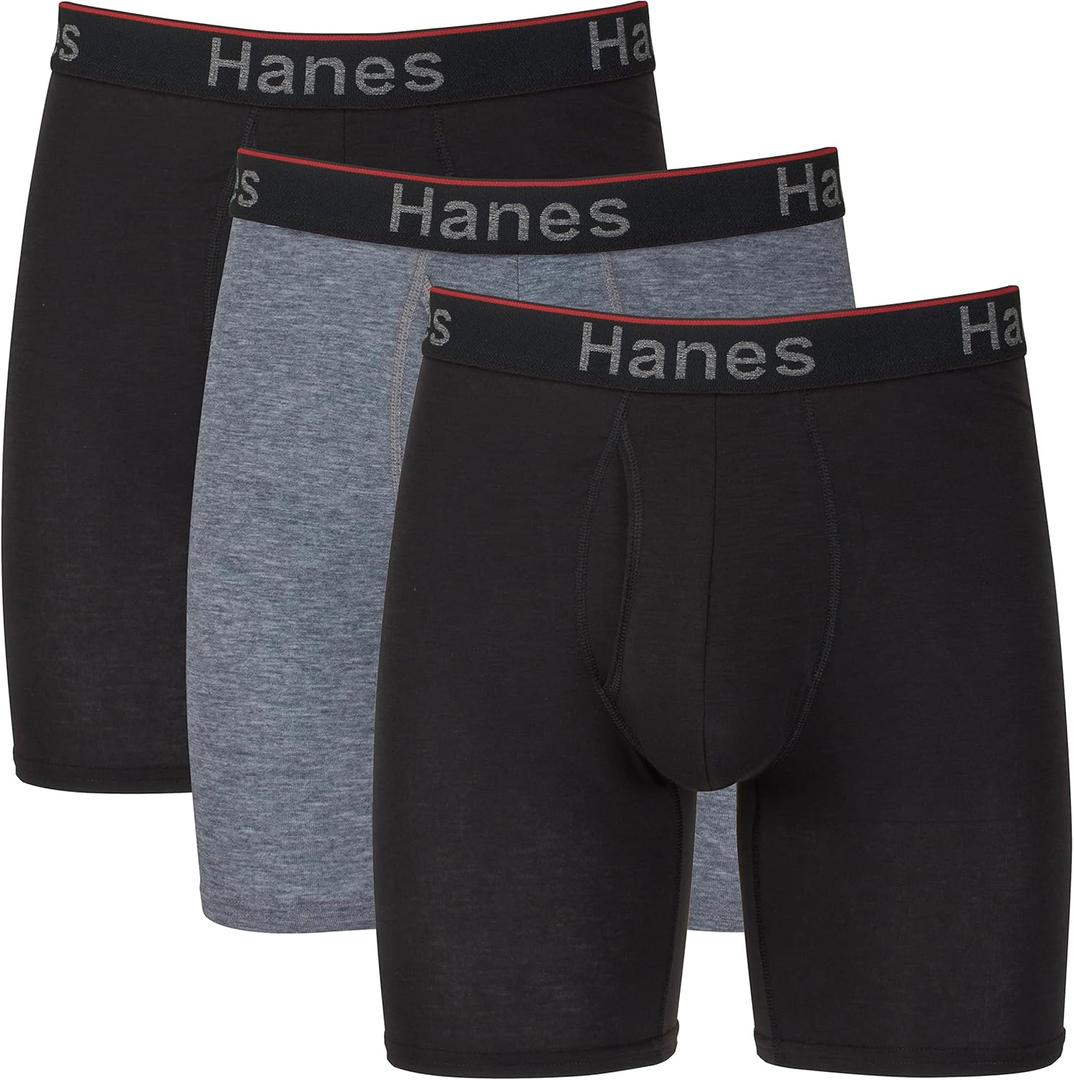 Hanes Mens Total Support Pouch Underwear, Anti-chafing, Multi-pack Boxer Briefs, Long Leg - Gray/ Black - 3 Pack, X-Large US
