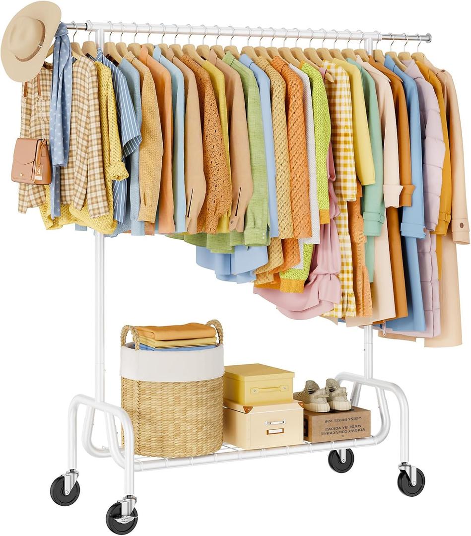 Heavy-duty Clothing Rack with Wheels, Rolling Clothes Rack, Clothes Racks for Hanging Clothes, Metal Standing Garment Racks, White
