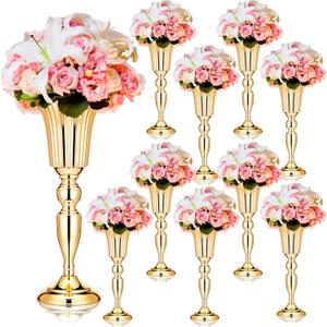 Weysat 10 Pcs Tall Vases for Centerpieces, 15 Inch Trumpet Vases Bulk Metal Gold Flower Arrangements for Party Dinner Event Wedding Floral Tabletop Birthday Decorations Reception Anniversary