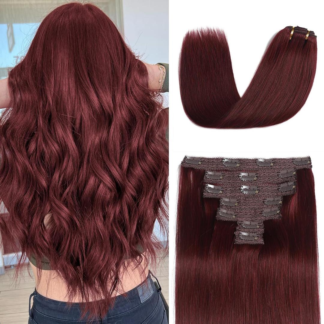 Clip in Hair Extensions Real Human Hair, Burgundy Red  20 Inch 7pcs 70g/Pack, Soft Real Human Hair Clip in Extensions Straight for Women, Suitable for all Hair Types (#99J 20 Inch)