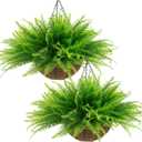 lovemoon Fake Ferns Plant Baskets,2PCS Artificial Hanging Plants,2 Hanging Planters with 24 Pcs Leaves for Indoor Outside Decorations for Front Porch Garden Balcony Patio Home Decor (2, Light Green)