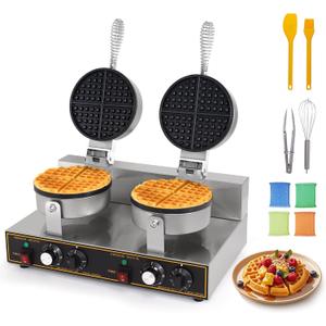 Dyna-Living Waffle Maker 2400W Double Waffle Iron Maker Restaurant Non-stick Round Waffle Machine Commercial Waffle Maker Large Waffle Machine for Hotel, Thicken Stainless Steel